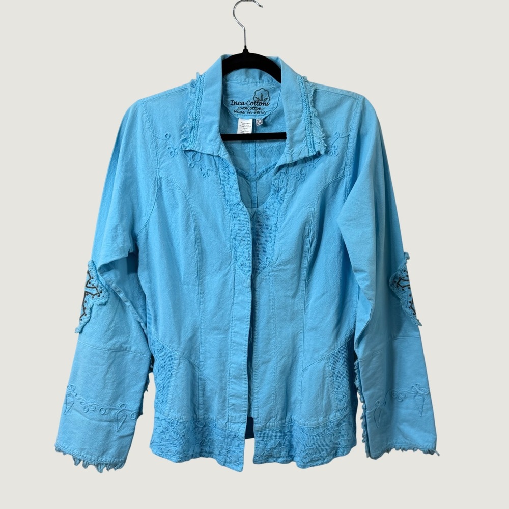 Inca Cottons Blue Western Cross Embroidered Button Up Fringe Shirt Peru Cotton L